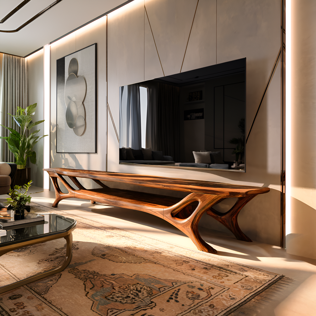 Curved Wood TV Stand for Contemporary Living Room, Modern Sculptural Media Console Credenza Entertainment Center