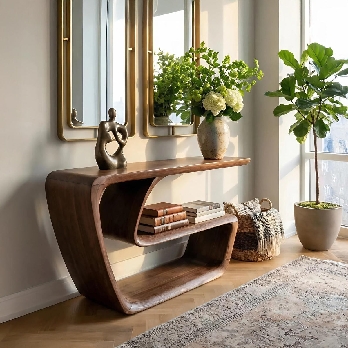 Spry Interior Mid Century Solid Wood Console Table, Handmade Sculptural Wooden Entryway Table for Modern Foyer and Living Room, SILDTTNCS090