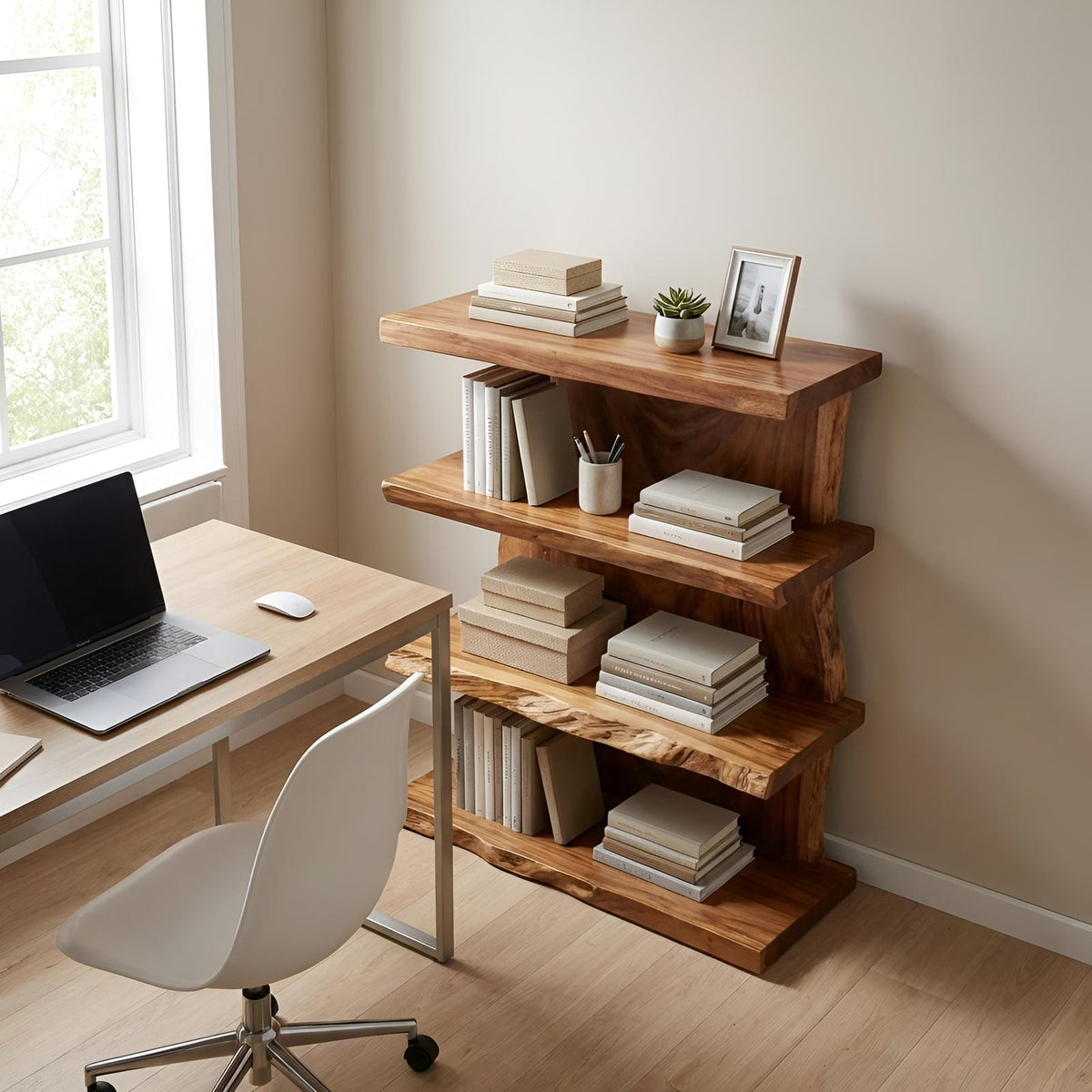 Modern Wooden Live Edge Standing Shelf, Tiered Solid Wood Bookshelf Organizer with Metal Frame for Living Room Entryway Storage Decor