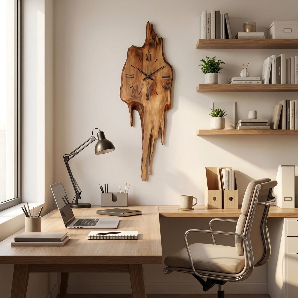 Artistic Wall Clock with Floating Edge, Handcrafted Solid Wood Abstract Hanging Timepiece for Home