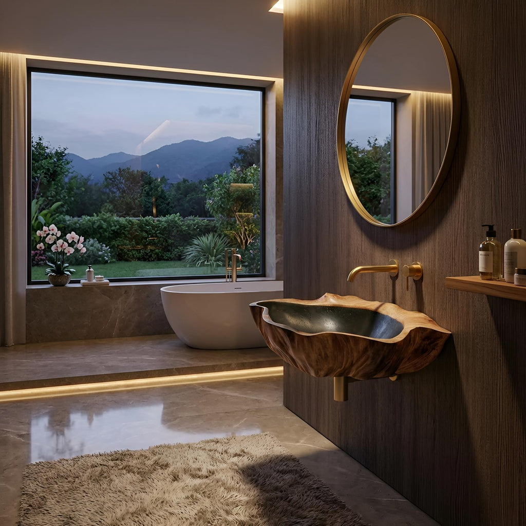 Modern Wall Mounted Wooden Bathroom Vanity Sink, Handcrafted Floating Wood Basin Cabinet for Sleek Powder Room Decor