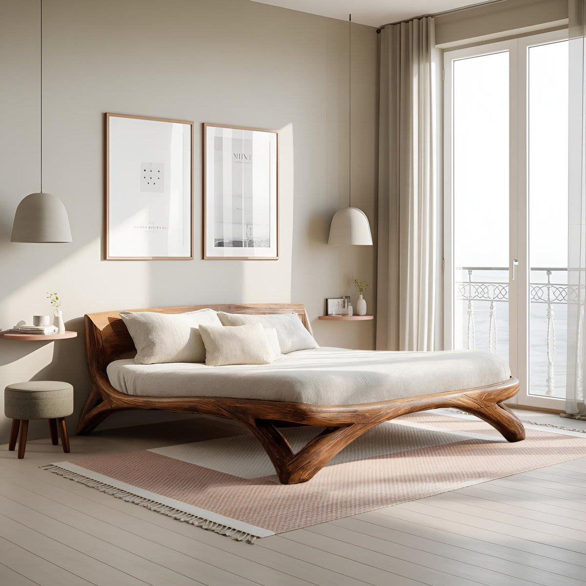 Spry Interior Minimalist Platform Bed Frame, Handcrafted Solid Wood Bedstead & Headboard for Modern Bedroom, RTTHHNWO009