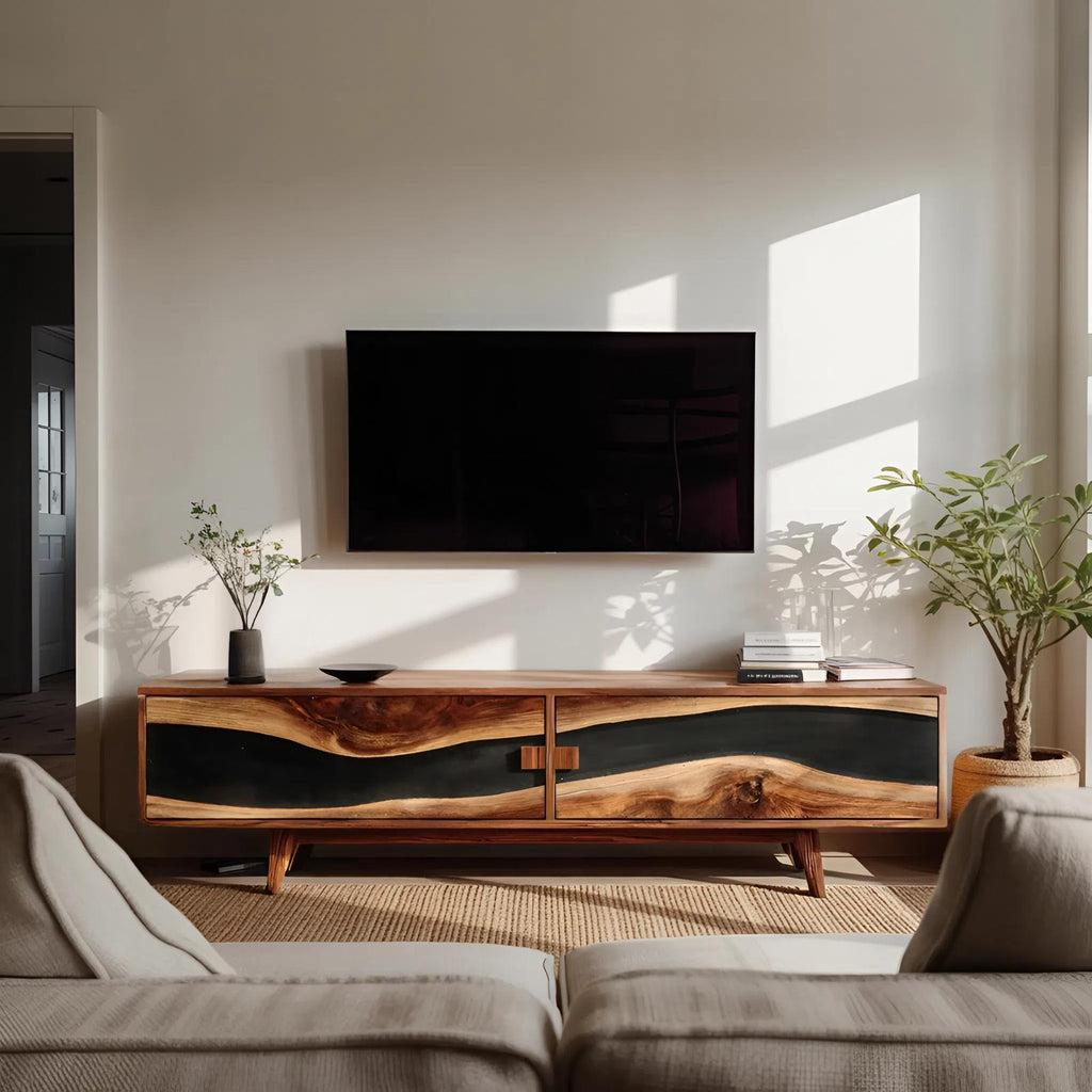 Spry Interior Farmhouse Wooden Entertainment Center, Solid Wood Rustic TV Stand & Storage Console for Living Room, SILDTTNTVC099