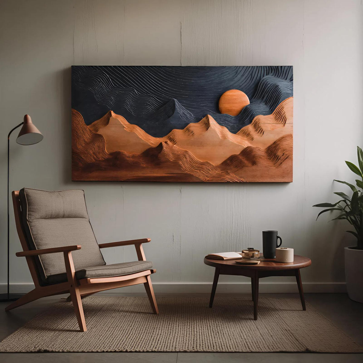 Sunrise Over Mountain Wall Sculpture, Rustic 3D Carved Wood Nature Landscape Wall Art for Cabin & Living Room