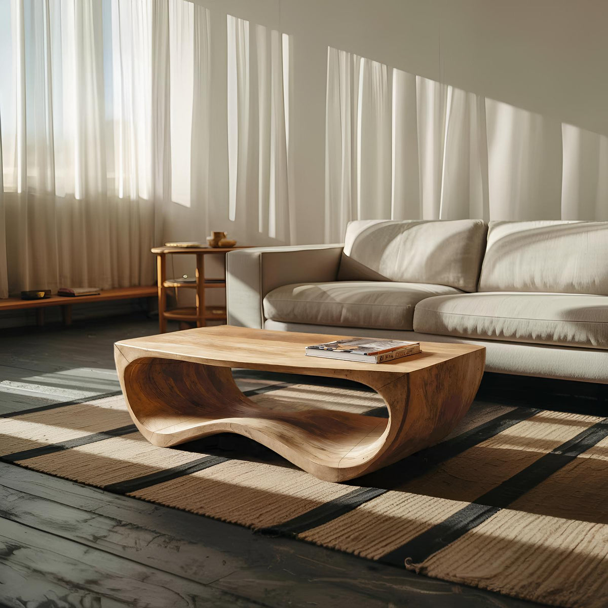 Artistic Sculptural Curved Coffee Table, Handcrafted Solid Wood Center Table for Modern Living Room Lounge, Model