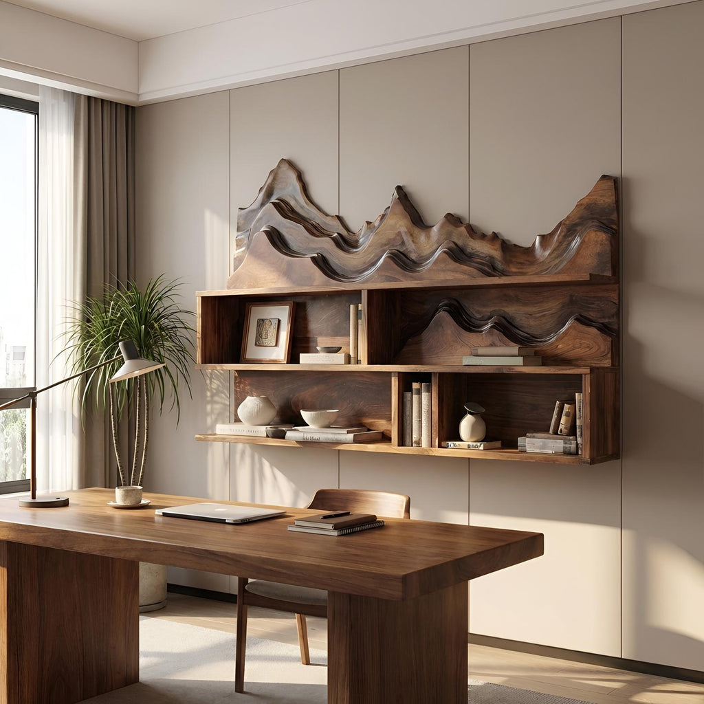 Minimalist Wooden Wall Mounted Bookshelf, Floating Wood Office Bookcase & Storage Organizer Shelf
