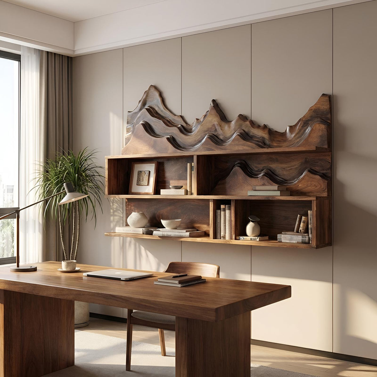 Minimalist Wooden Wall Mounted Bookshelf, Floating Wood Office Bookcase & Storage Organizer Shelf