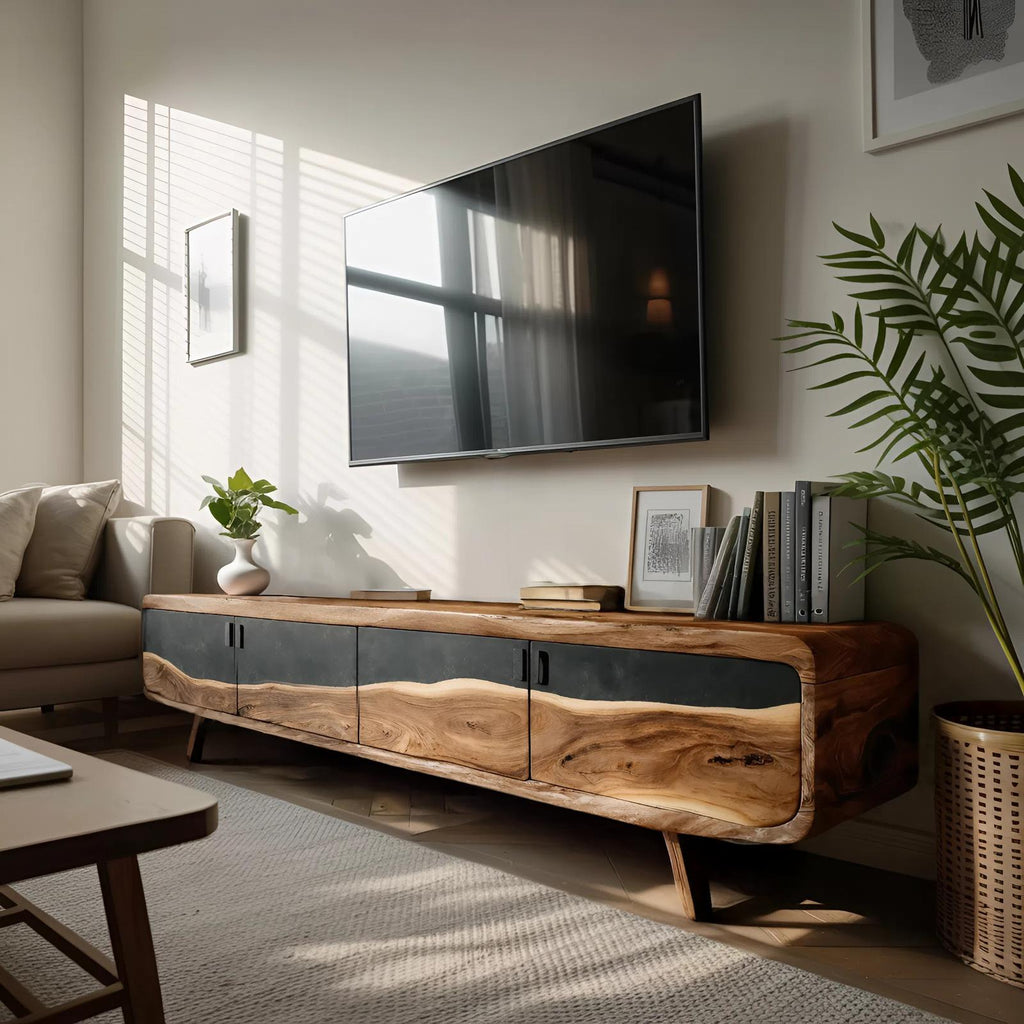 Handcrafted Live Edge TV Console, Natural Slab Wood Entertainment Center & Rustic Media Stand Cabinet