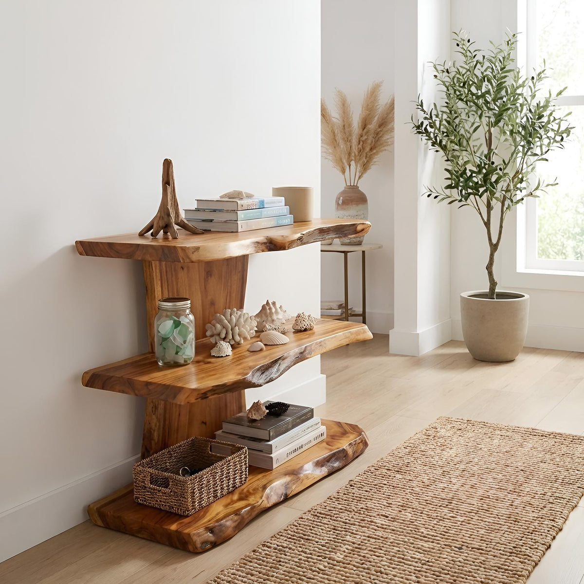 Farmhouse Live Edge Wooden Standing Shelf, Handcrafted Solid Wood Bookcase & Display Rack Decor