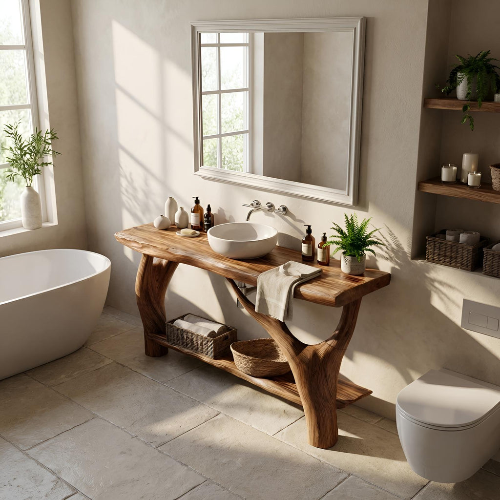 Mid Century Solid Wood Bathroom Vanity Cabinet, Organic Live Edge Floating Wooden Sink Console Table