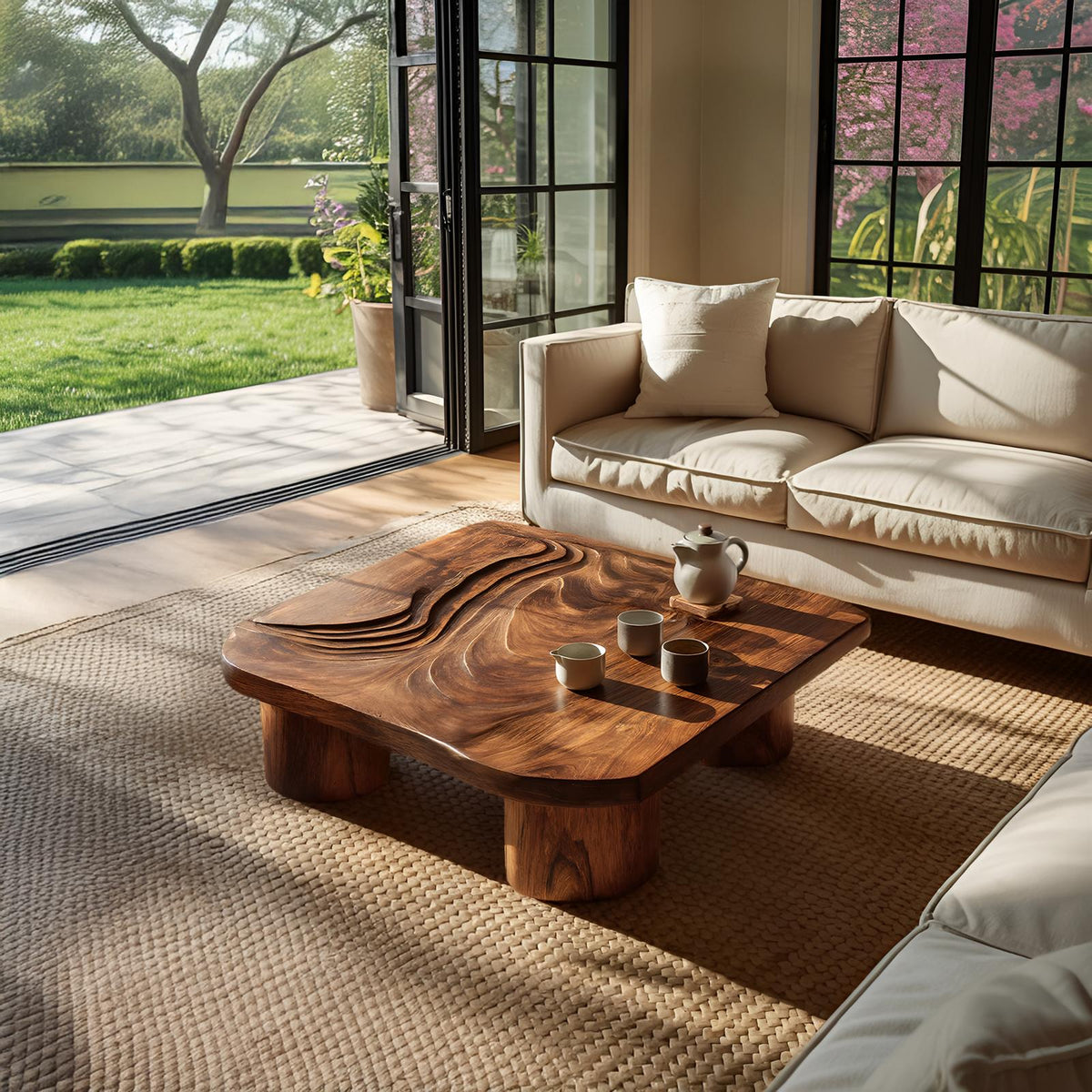 Handcrafted Abstract Solid Wood Coffee Table, Modern Sculptural Low Accent Table for Entryway & Living Room