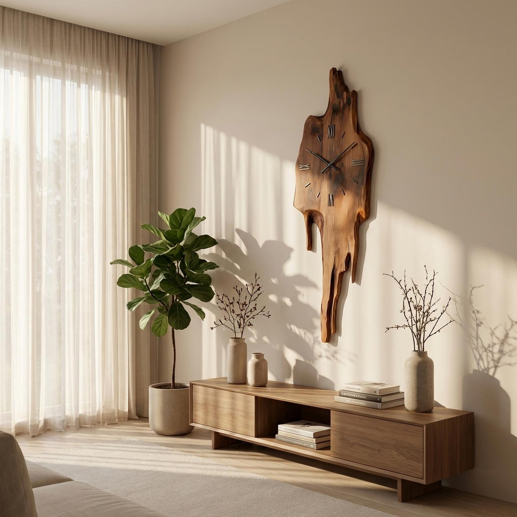Artistic Wall Clock with Floating Edge, Handcrafted Solid Wood Abstract Hanging Timepiece for Home