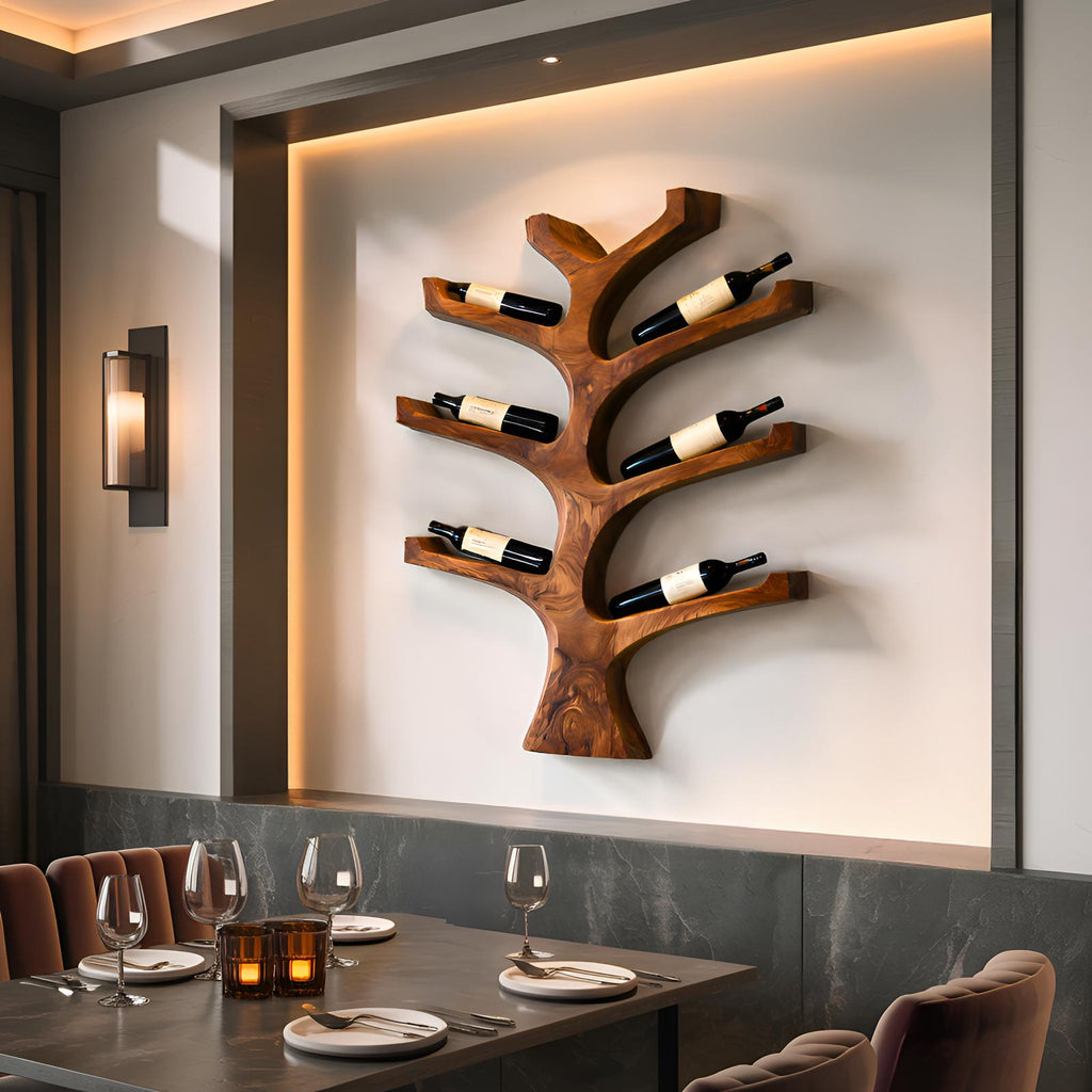 Rustic Wall Mounted Tree Branch Wine Rack, Solid Wood Bottle Holder for Kitchen & Dining Wall Decor
