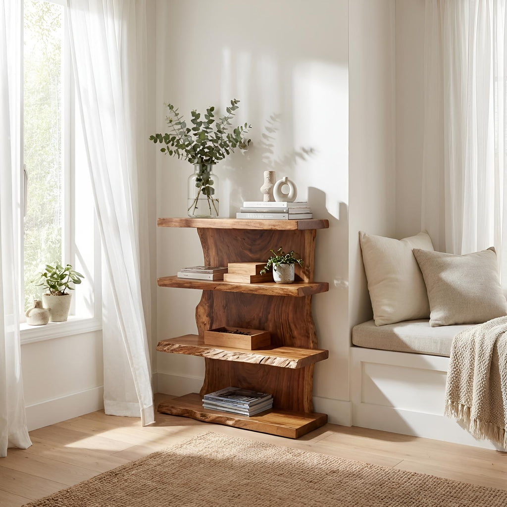 Modern Wooden Live Edge Standing Shelf, Tiered Solid Wood Bookshelf Organizer with Metal Frame for Living Room Entryway Storage Decor