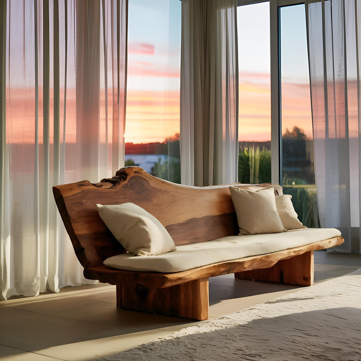 Organic Wood Sofa with Natural Live Edge Design, Rustic Modern Timber Settee Couch for Living Room