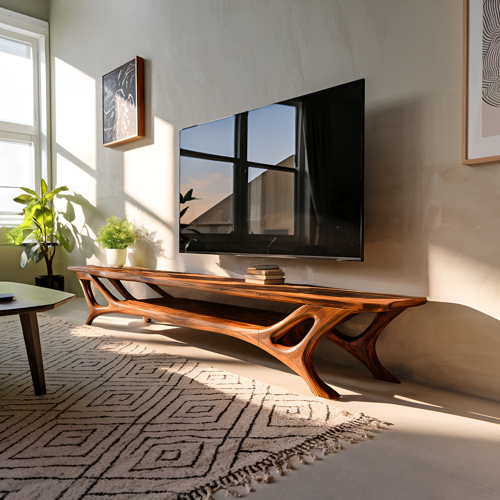 Curved Wood TV Stand for Contemporary Living Room, Modern Sculptural Media Console Credenza Entertainment Center