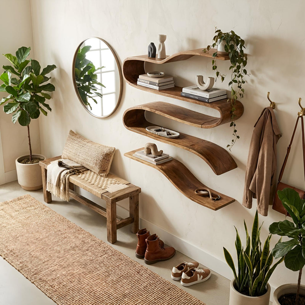 Industrial Natural Wood Floating Shelf, Heavy Duty Wall Mounted Kitchen & Pantry Storage Rack