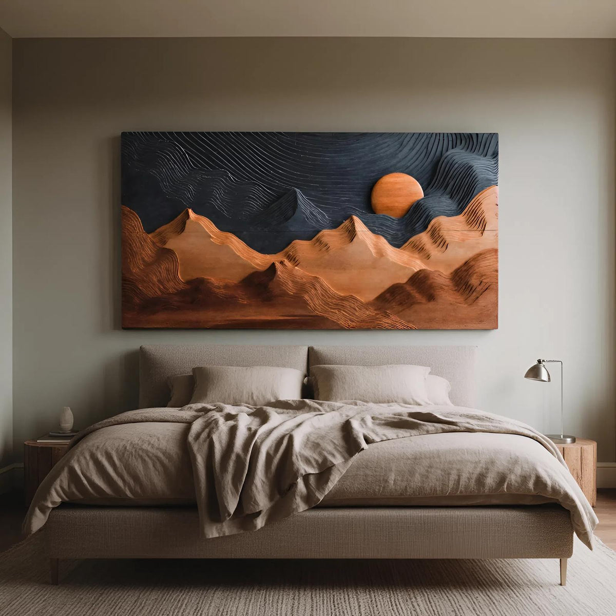 Sunrise Over Mountain Wall Sculpture, Rustic 3D Carved Wood Nature Landscape Wall Art for Cabin & Living Room