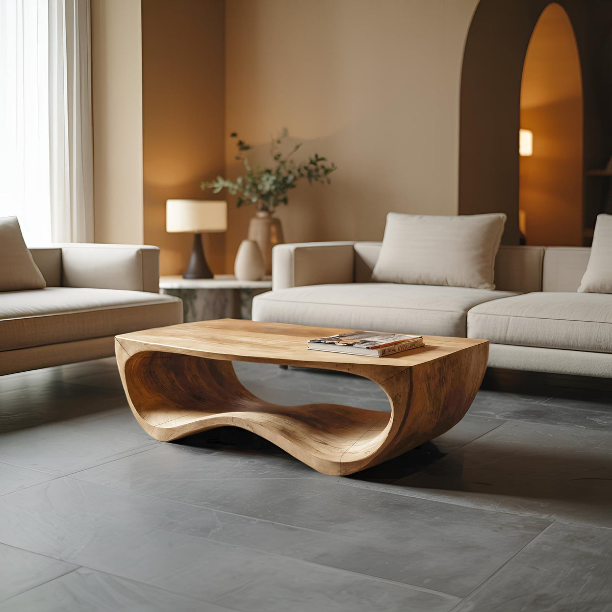 Artistic Sculptural Curved Coffee Table, Handcrafted Solid Wood Center Table for Modern Living Room Lounge, Model