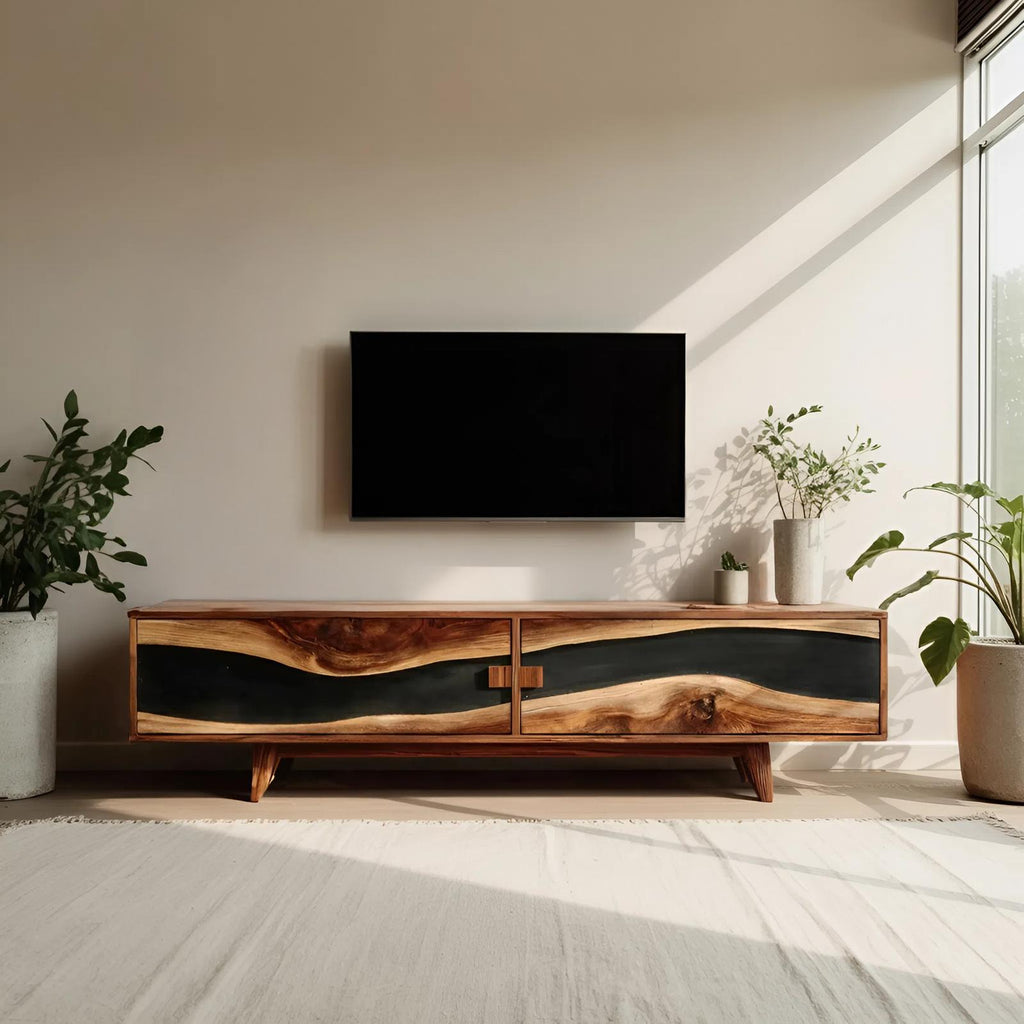 Spry Interior Farmhouse Wooden Entertainment Center, Solid Wood Rustic TV Stand & Storage Console for Living Room, SILDTTNTVC099