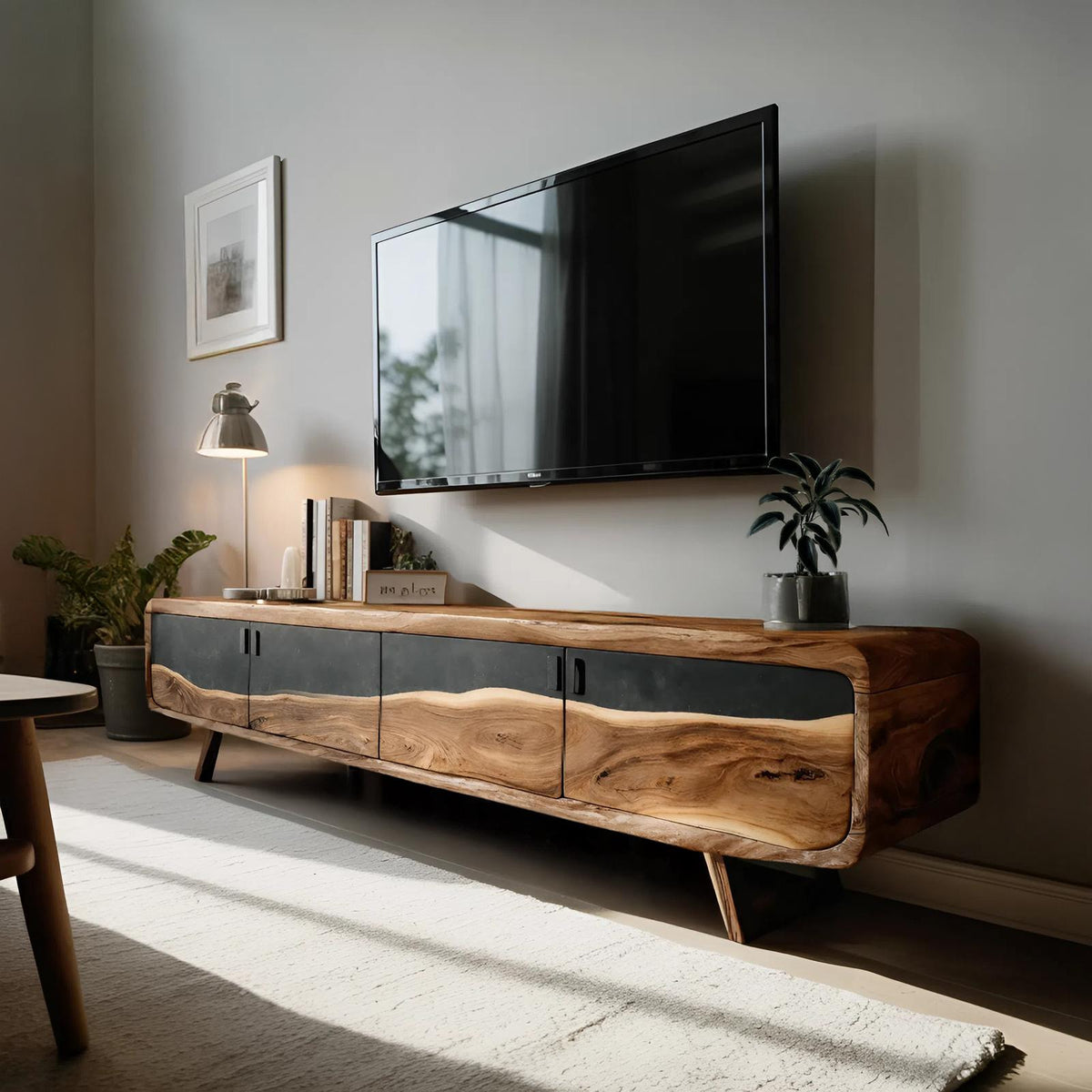 Spry Interior Handcrafted Live Edge TV Console, Natural Slab Wood Entertainment Center & Rustic Media Stand Cabinet, SILDTTNTVC100