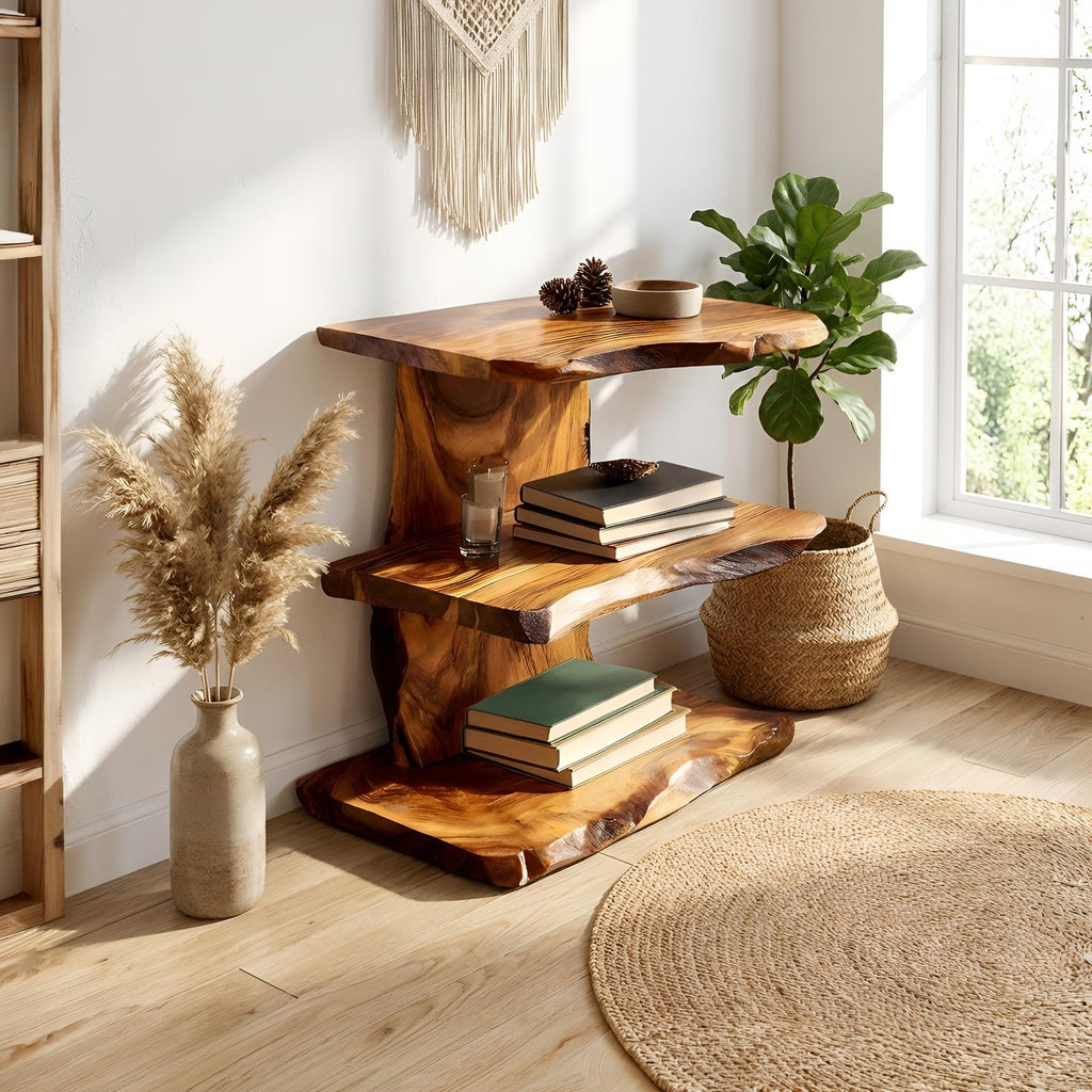 Farmhouse Live Edge Wooden Standing Shelf, Handcrafted Solid Wood Bookcase & Display Rack Decor