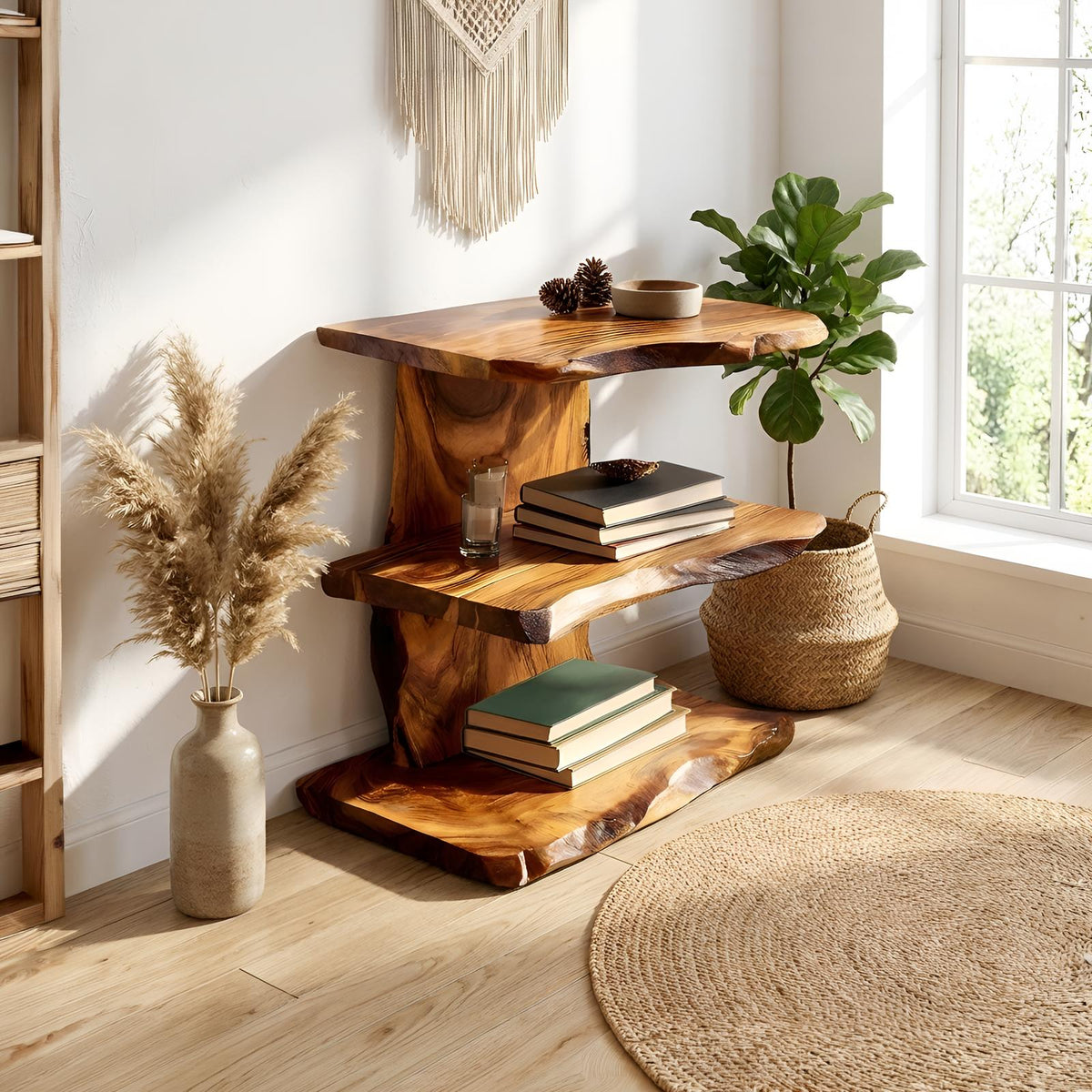 Farmhouse Live Edge Wooden Standing Shelf, Handcrafted Solid Wood Bookcase & Display Rack Decor
