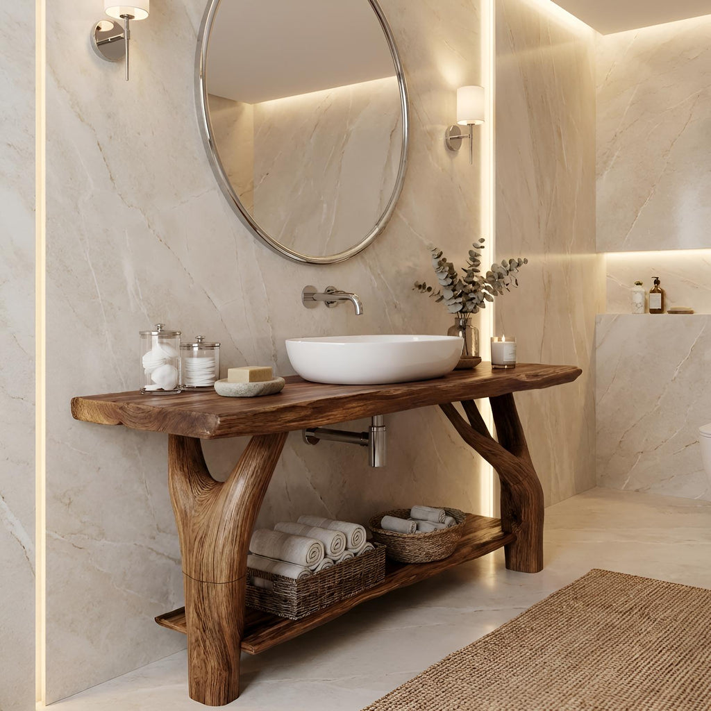 Mid Century Solid Wood Bathroom Vanity Cabinet, Organic Live Edge Floating Wooden Sink Console Table
