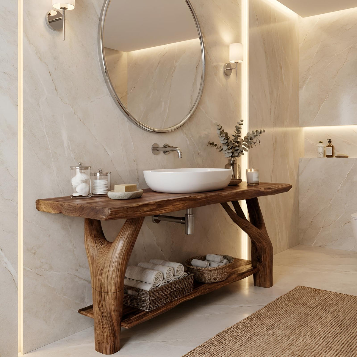 Mid Century Solid Wood Bathroom Vanity Cabinet, Organic Live Edge Floating Wooden Sink Console Table