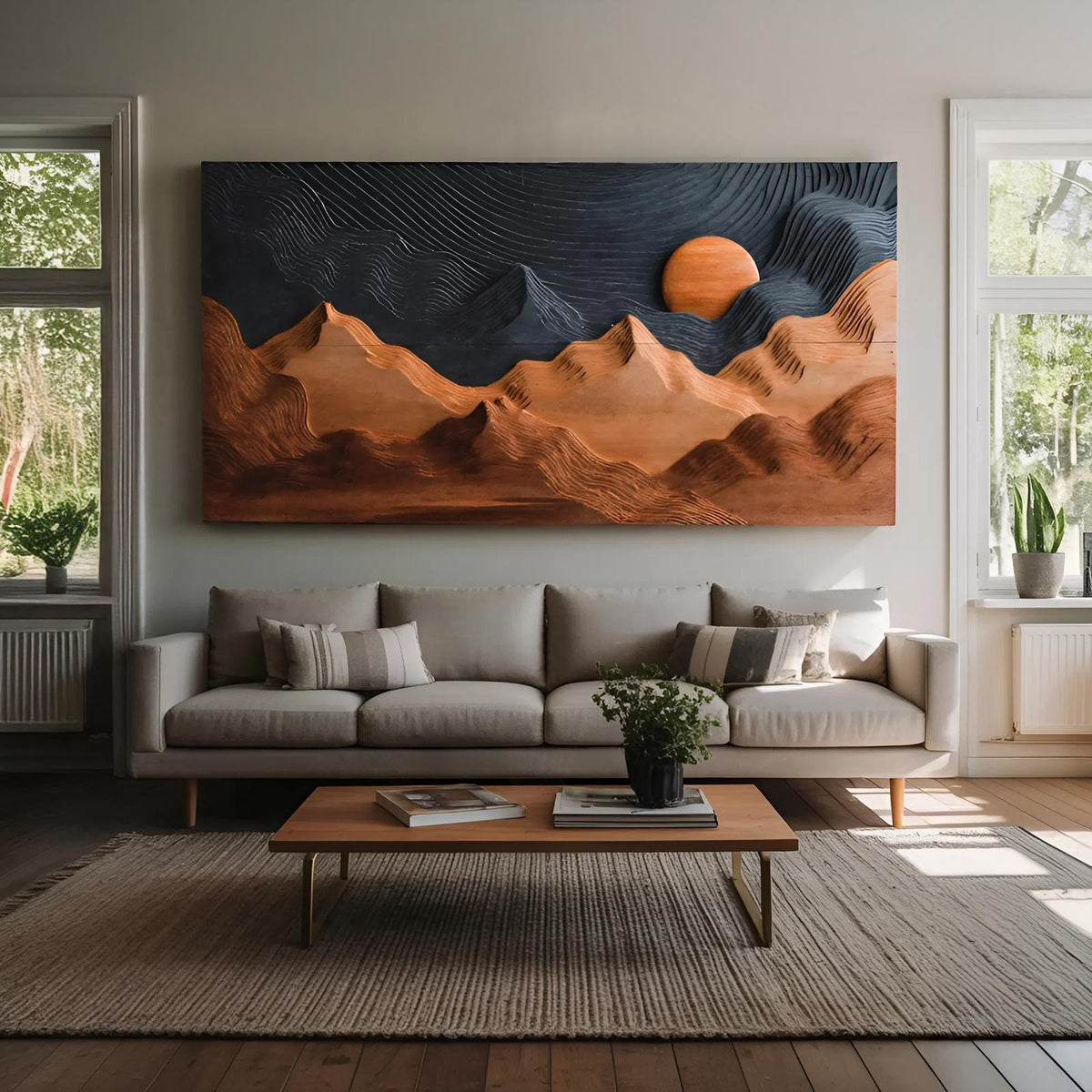 Sunrise Over Mountain Wall Sculpture, Rustic 3D Carved Wood Nature Landscape Wall Art for Cabin & Living Room