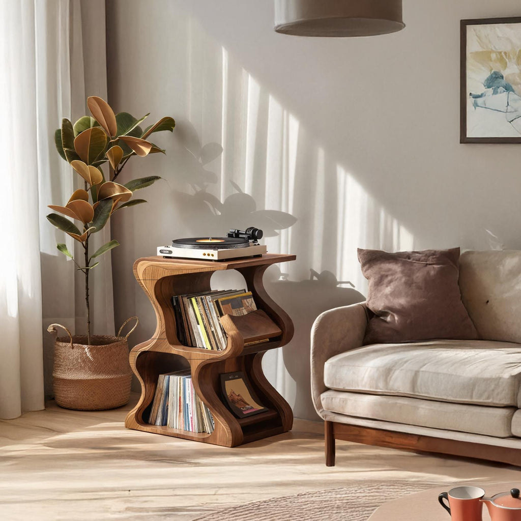 Handcrafted Solid Wood Vinyl Record Storage Console, Retro Media Cabinet & Sideboard for Living Room or Bedroom
