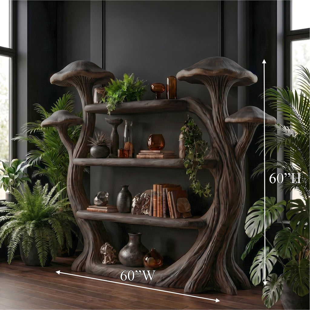 Natural Wood Mushroom Bookcase For Living Room And Reading Room
