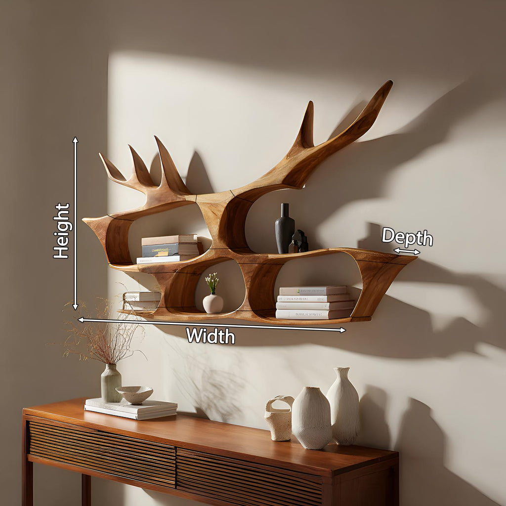 Mid Century Handcrafted Wooden Wall Mount Shelf, Floating Solid Wood Display Ledge Rack, Modern Storage Bookcase for Foyer Entryway