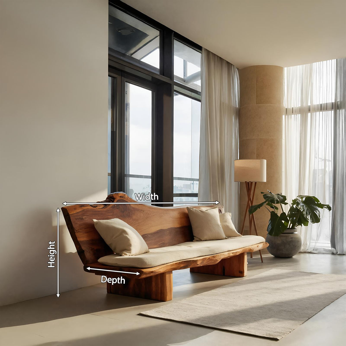 Organic Wood Sofa with Natural Live Edge Design, Rustic Modern Timber Settee Couch for Living Room