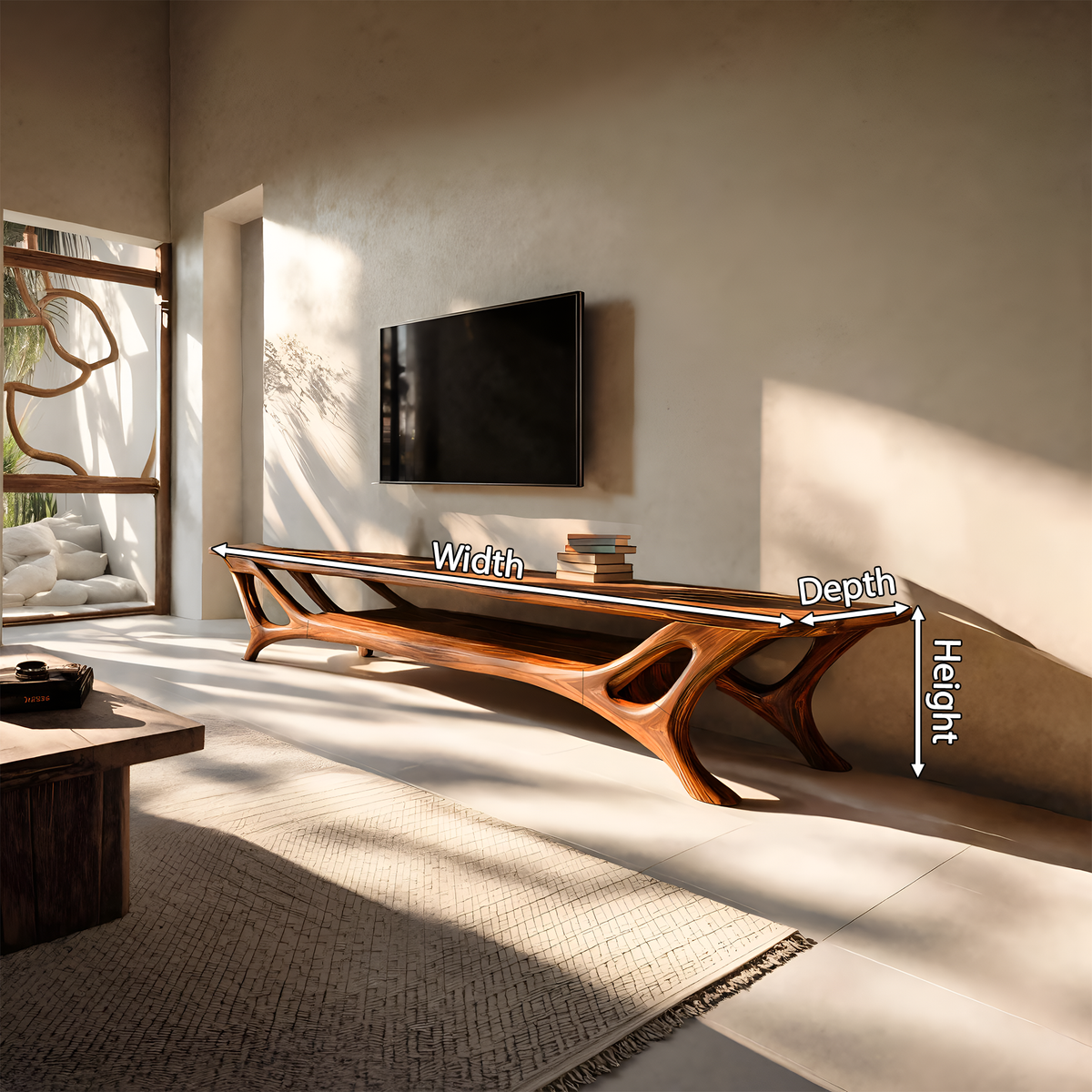 Curved Wood TV Stand for Contemporary Living Room, Modern Sculptural Media Console Credenza Entertainment Center