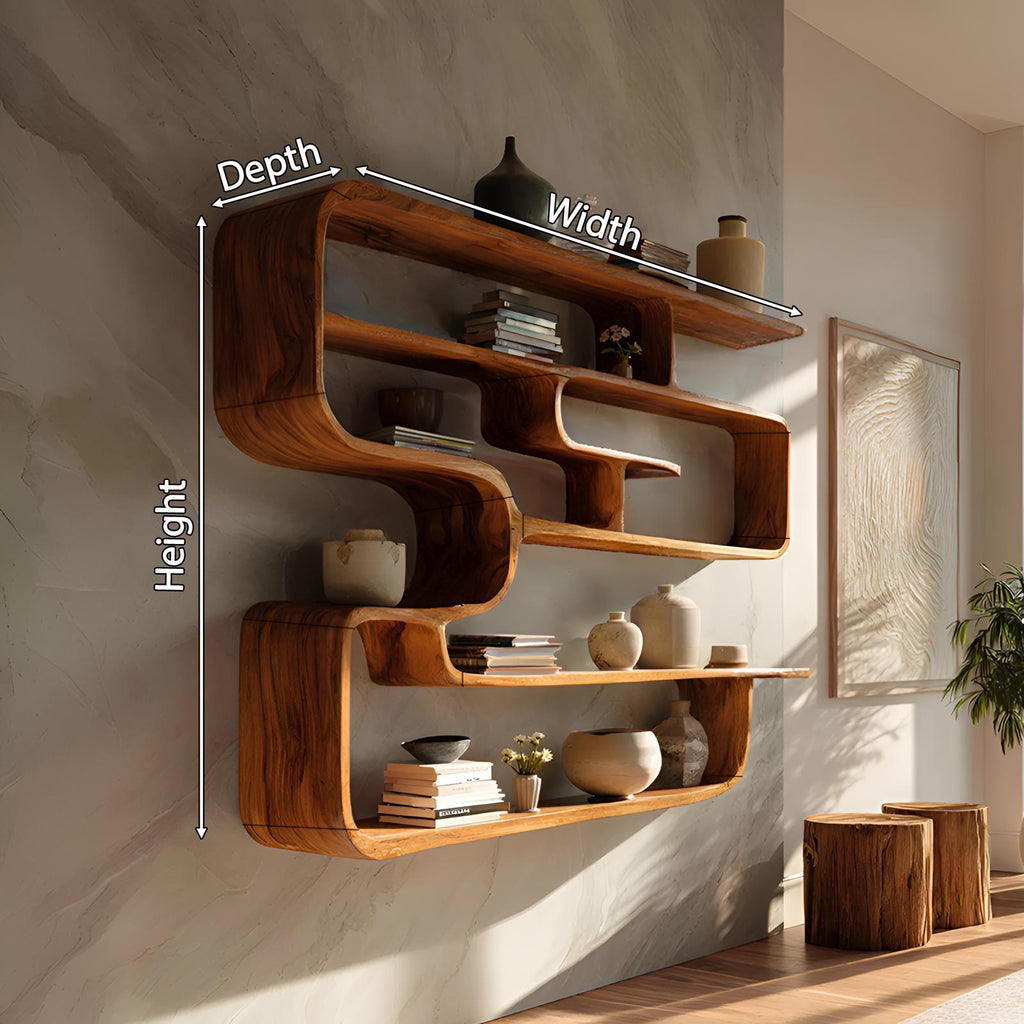 Rustic Live Edge Wood Shelving Unit, Floating Wall-Mounted Display Bookshelf & Storage Organizer Rack for Living Room
