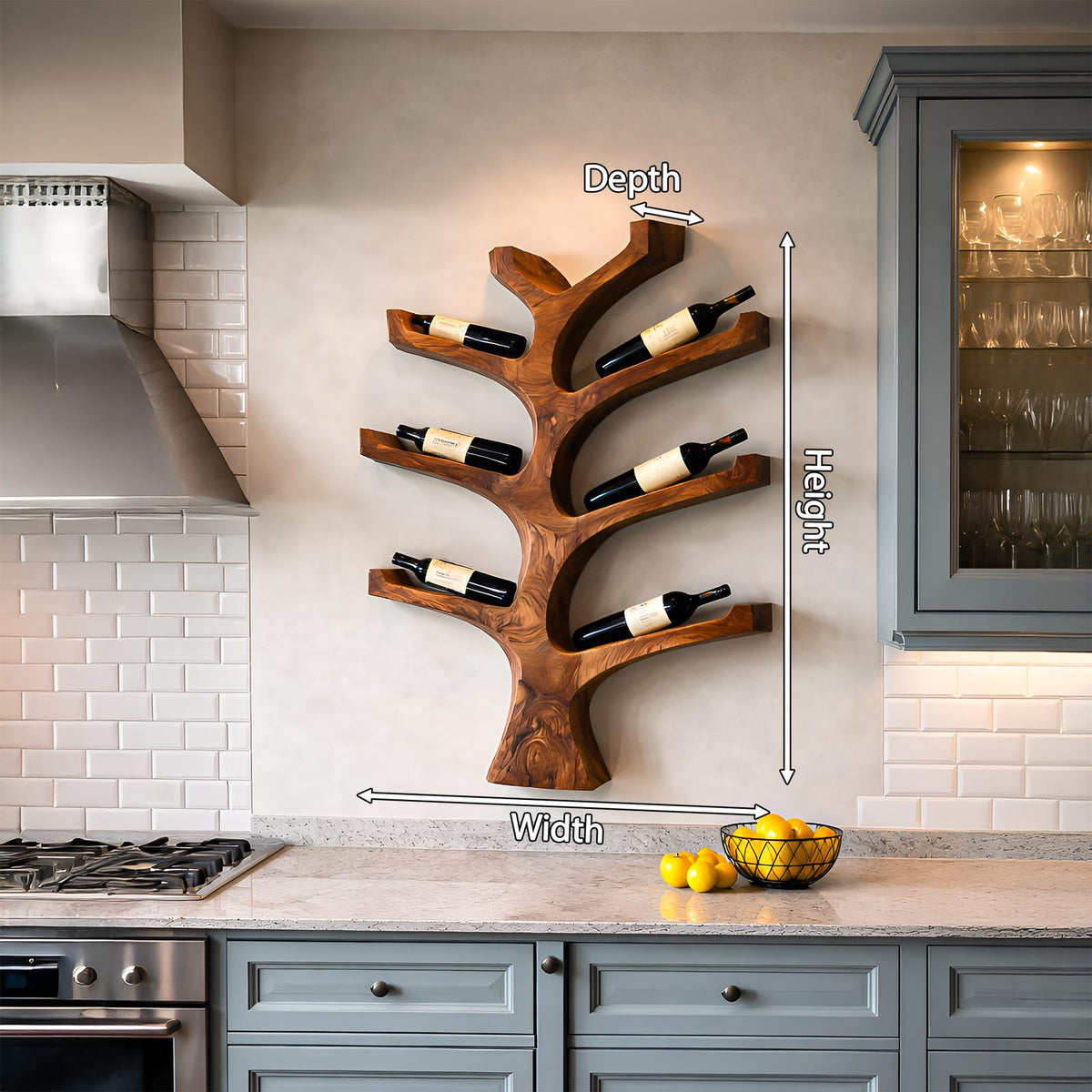 Rustic Wall Mounted Tree Branch Wine Rack, Solid Wood Bottle Holder for Kitchen & Dining Wall Decor