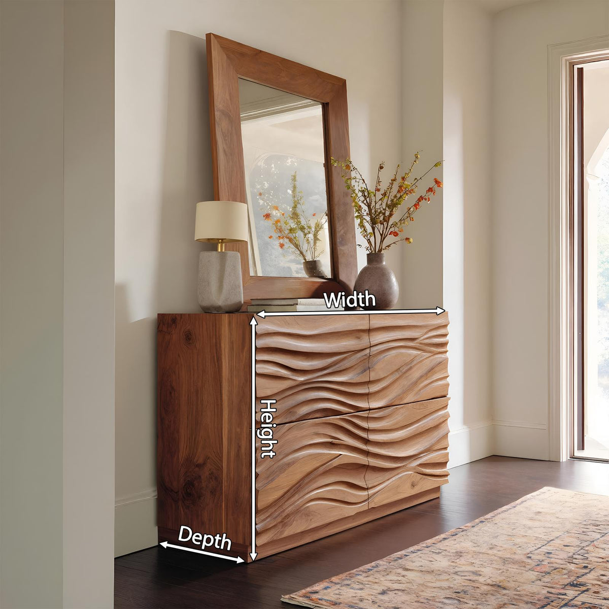Handcrafted Sideboard with Carved Wave Design, Solid Wood Credenza Storage Cabinet for Living Room Decor, Model