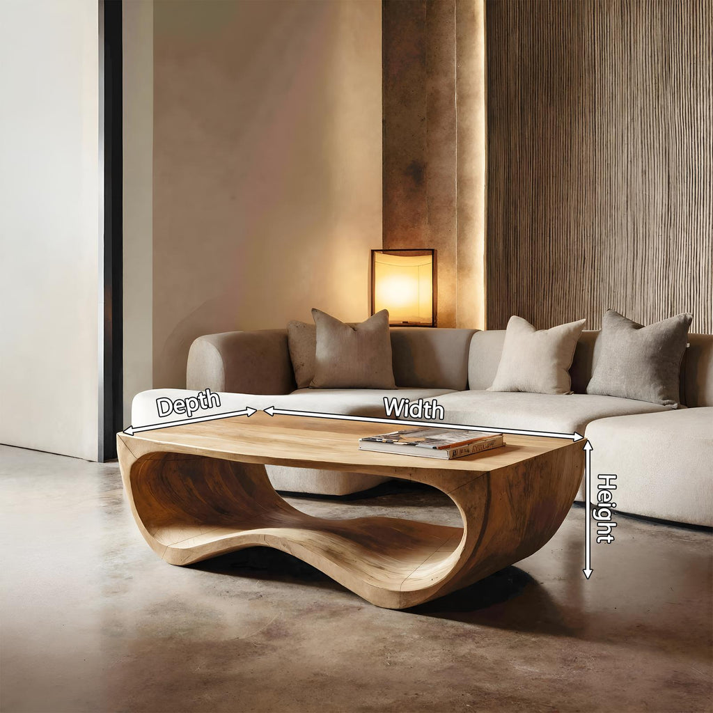 Artistic Sculptural Curved Coffee Table, Handcrafted Solid Wood Center Table for Modern Living Room Lounge, Model