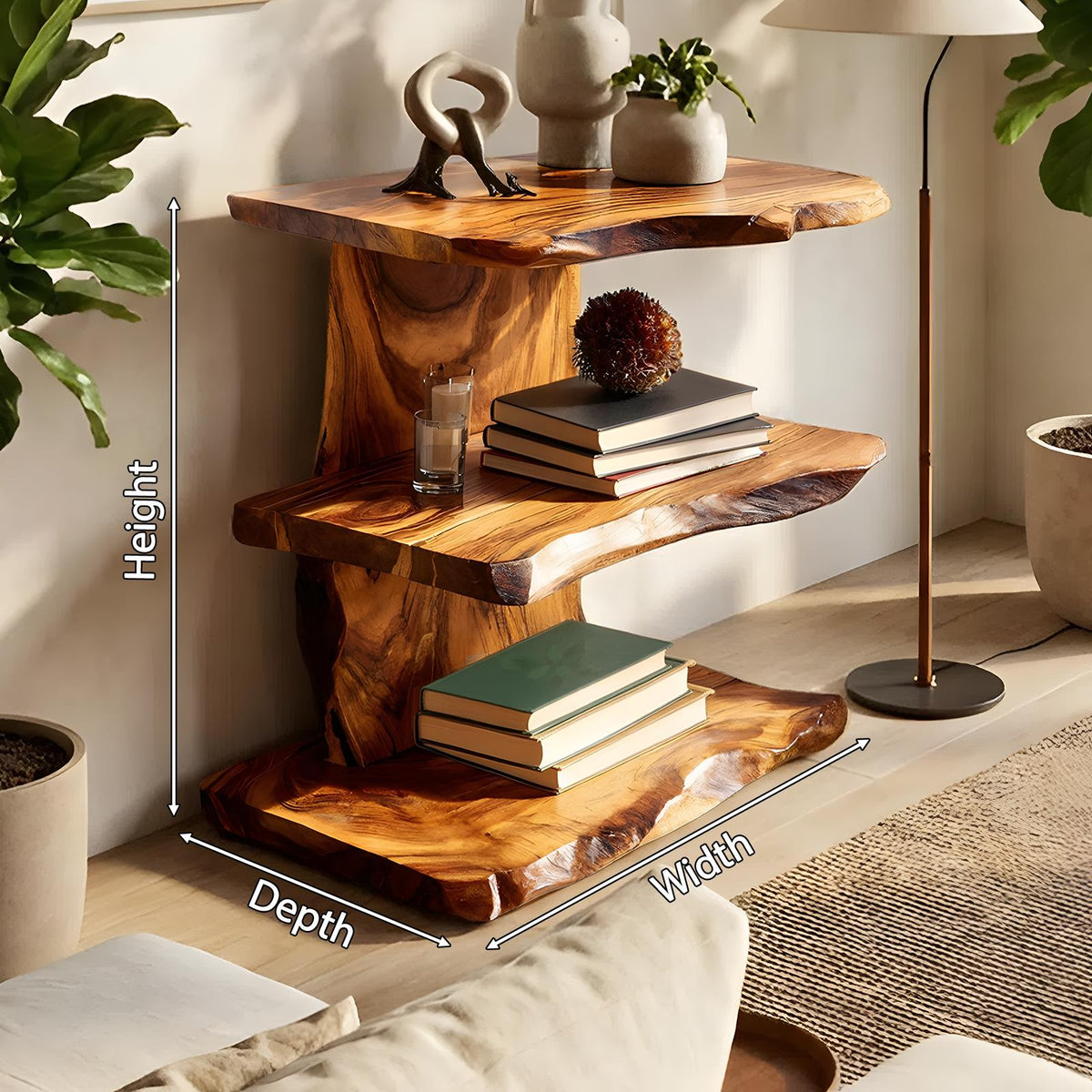 Farmhouse Live Edge Wooden Standing Shelf, Handcrafted Solid Wood Bookcase & Display Rack Decor