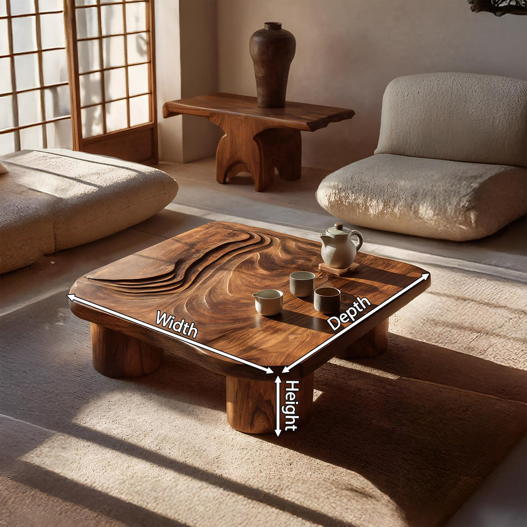 Handcrafted Abstract Solid Wood Coffee Table, Modern Sculptural Low Accent Table for Entryway & Living Room