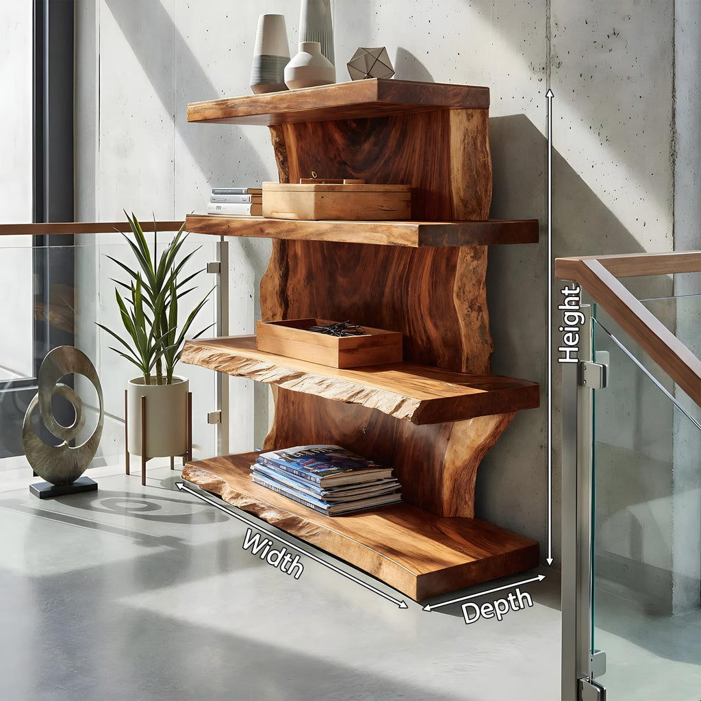 Modern Wooden Live Edge Standing Shelf, Tiered Solid Wood Bookshelf Organizer with Metal Frame for Living Room Entryway Storage Decor