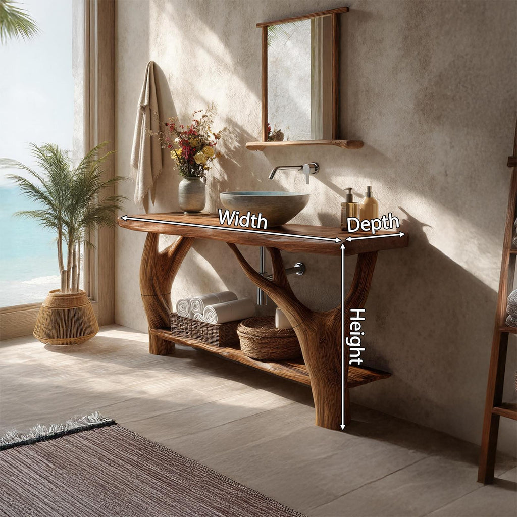 Mid Century Solid Wood Bathroom Vanity Cabinet, Organic Live Edge Floating Wooden Sink Console Table
