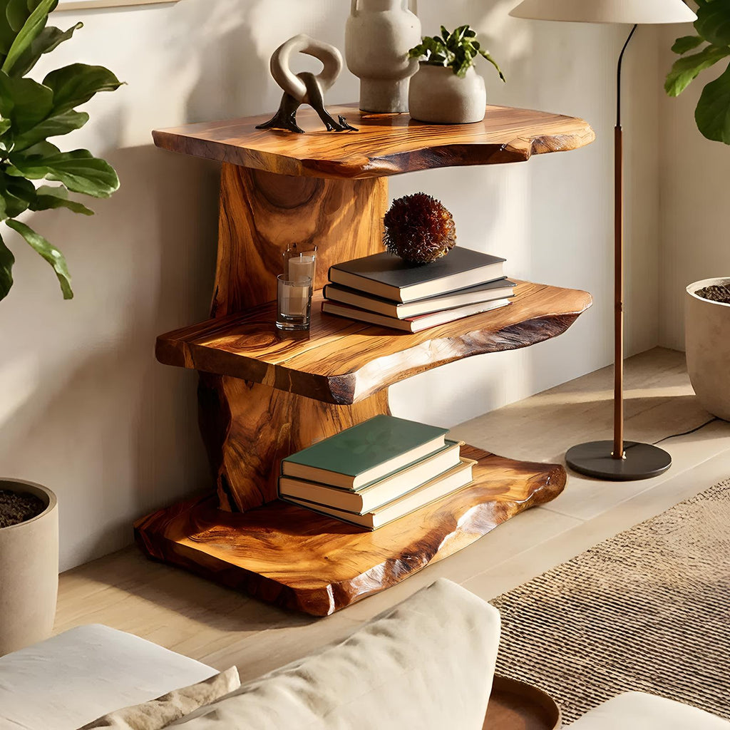Farmhouse Live Edge Wooden Standing Shelf, Handcrafted Solid Wood Bookcase & Display Rack Decor