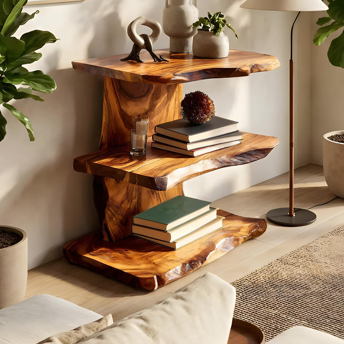 Farmhouse Live Edge Wooden Standing Shelf, Handcrafted Solid Wood Bookcase & Display Rack Decor