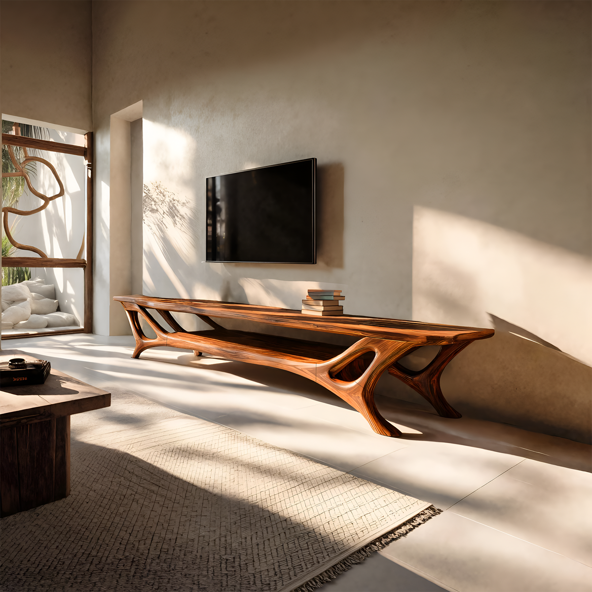 Curved Wood TV Stand for Contemporary Living Room, Modern Sculptural Media Console Credenza Entertainment Center