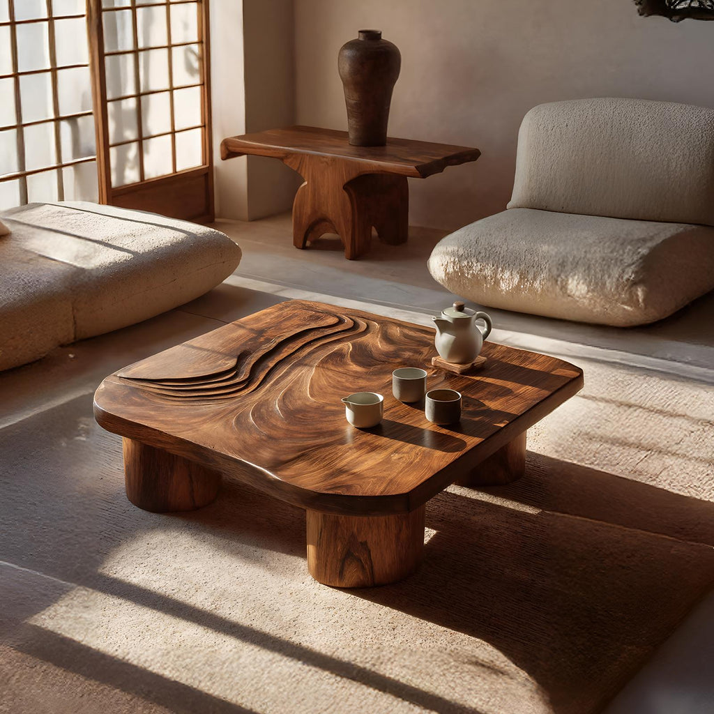 Handcrafted Abstract Solid Wood Coffee Table, Modern Sculptural Low Accent Table for Entryway & Living Room
