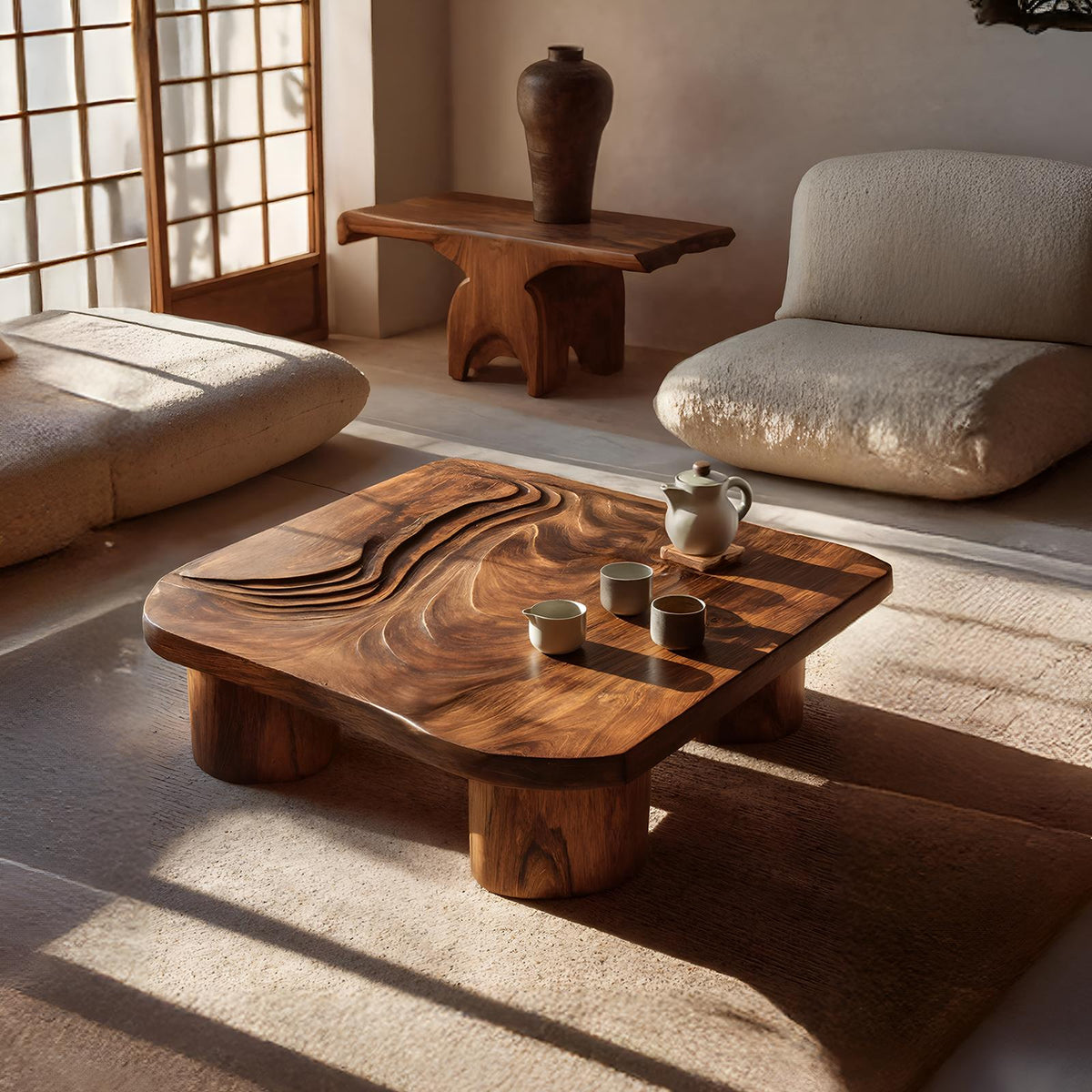 Handcrafted Abstract Solid Wood Coffee Table, Modern Sculptural Low Accent Table for Entryway & Living Room