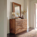 Handcrafted Sideboard with Carved Wave Design, Solid Wood Credenza Storage Cabinet for Living Room Decor, Model