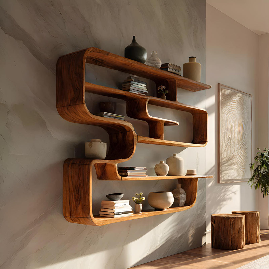 Rustic Live Edge Wood Shelving Unit, Floating Wall-Mounted Display Bookshelf & Storage Organizer Rack for Living Room